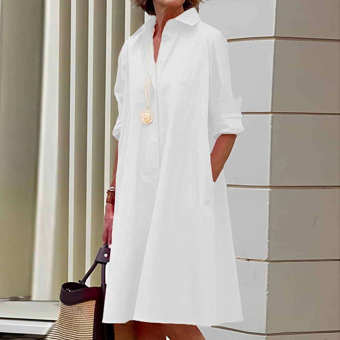 Frauen solide Farbe Kleid Sommer Mode Casual Umlegekragen Tasche lange Ärmel Kleider - Amodafashion.de