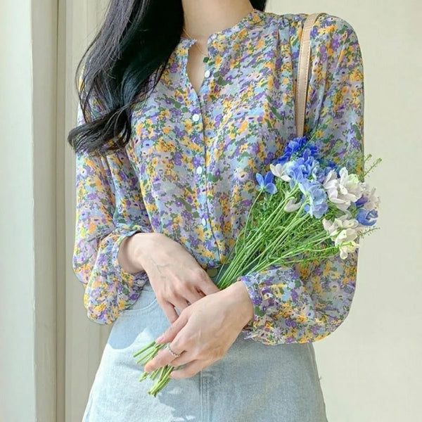 Aria - Button-Up Bluse mit Blumendruck und Puffärmel